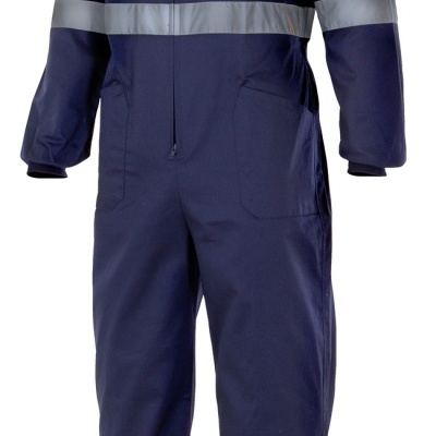 Macacão de trabalho amarelo fluorescente e azul escuro com faixas reflexivas