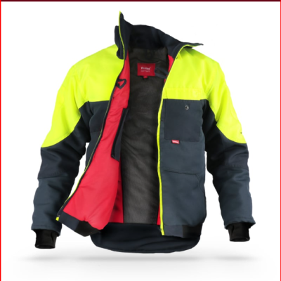 Casaco de trabalho amarelo fluorescente, preto e vermelho com bolso frontal