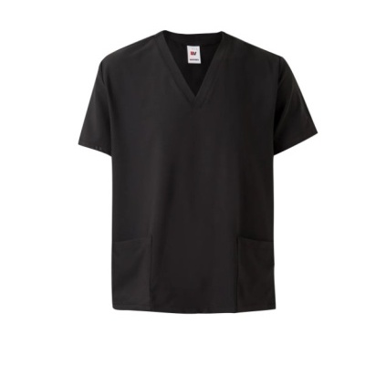 Camisola preta de manga curta com decote em V e dois bolsos frontais