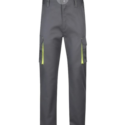 Calças cargo cinzentas com bolsos laterais e detalhes amarelo-fluorescente