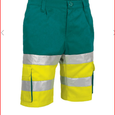 Calções de trabalho verdes e amarelos com faixas refletoras