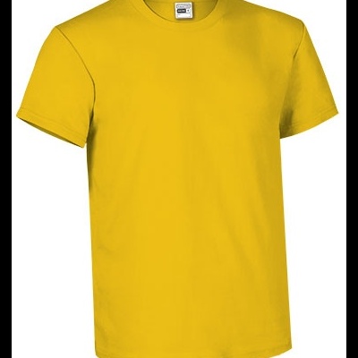 T-shirt amarela de manga curta com gola redonda e etiqueta interior visível