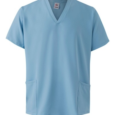 Camisola médica azul clara de manga curta com dois bolsos e decote em V