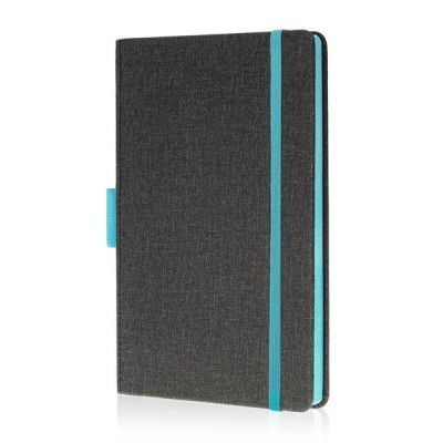Caderno cinzento com elástico azul turquesa e marcador