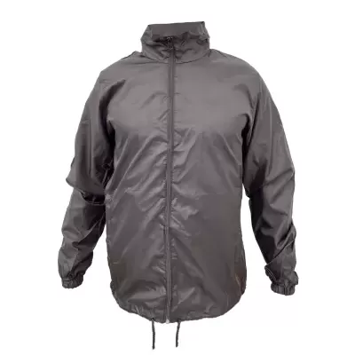 Casaco cinzento metálico com fecho frontal e gola alta