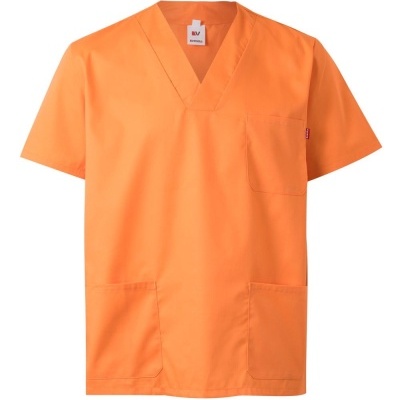 Camisola médica laranja com bolsos e etiqueta AV ENILA