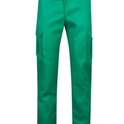 Calças verdes estilo cargo com bolsos laterais e botão branco