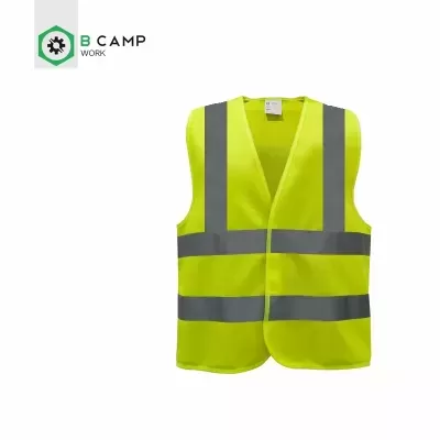 Colete de segurança amarelo fluorescente com faixas refletoras cinzentas