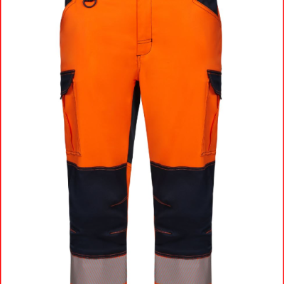 Calças de trabalho laranja e azul escuro com bolsos e faixas refletoras