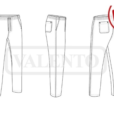 Desenho técnico de calças com bolsos e cordão na cintura