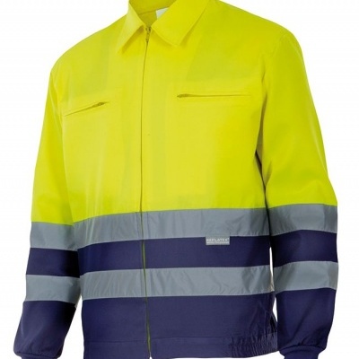 casaco alta visibilidade amarelo e azul com faixas reflexivas