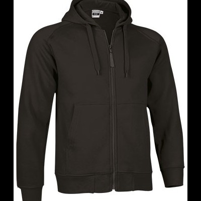 Casaco preto com capuz e fecho de correr