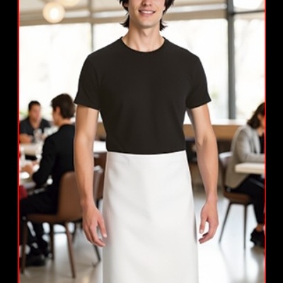 Homem com t-shirt preta e avental branco em restaurante moderno.