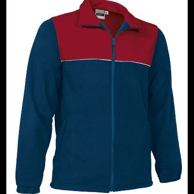 Casaco fleece azul escuro e vermelho com fecho, linha branca e punhos elásticos