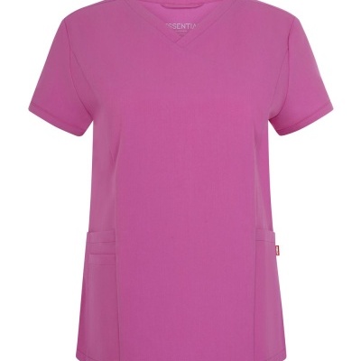 Blusa rosa de mangas curtas com gola em V e bolsos frontais