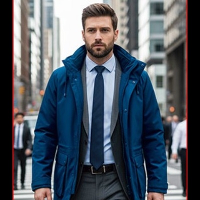 Homem com casaco azul escuro e gravata azul a caminhar na cidade