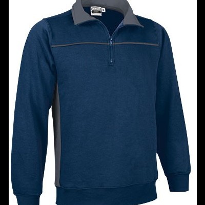 Sweatshirt azul escuro com gola cinza e fecho de correr até ao peito