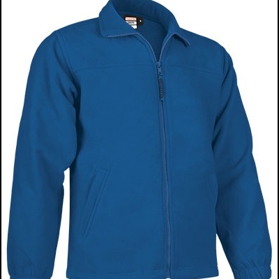 Casaco azul em tecido polar com fecho de correr frontal e dois bolsos