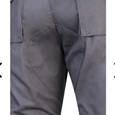 Calças de trabalho cinzentas com costuras reforçadas e bolso lateral