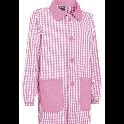 Casaco infantil rosa e branco com padrão xadrez e bolsos