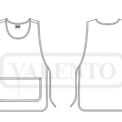 Colete claro com bolso frontal e amarrações laterais desenho técnico.