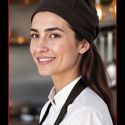 Mulher em cozinha profissional com bandana preta e avental