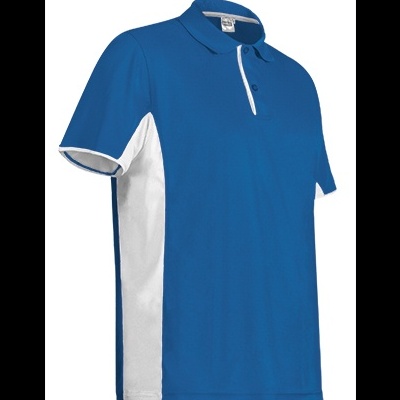 Polo azul com faixas brancas laterais e gola tradicional