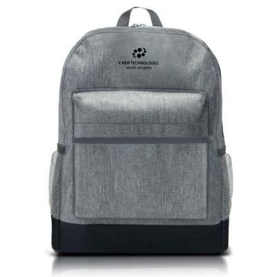 Mochila cinzenta com logótipo e texto 