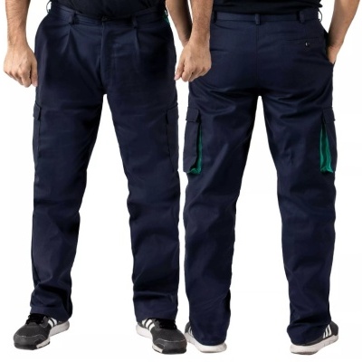 Calças de trabalho azuis com bolsos laterais e detalhe verde, vistas de frente e costas