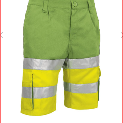Calções de trabalho verde e amarelo com faixas refletoras