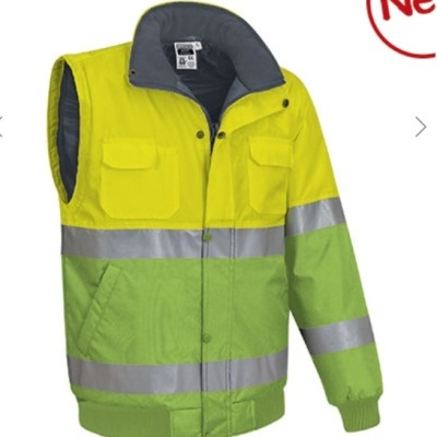 Colete de segurança amarelo e verde com faixas reflectoras e bolsos