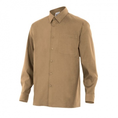 Camisa masculina castanha clara de manga comprida com bolso no peito