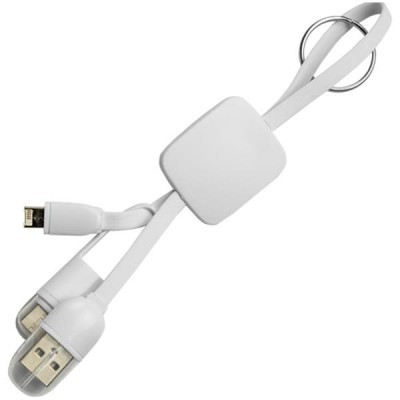 Cabo USB branco com três conectores e argola metálica
