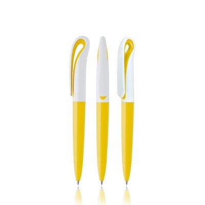 Três canetas amarelas e brancas vistas de frente, lado e costas sobre fundo branco
