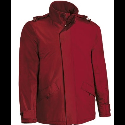 Casaco vermelho de inverno com gola alta e bolsos frontais