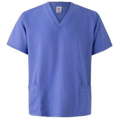T-shirt médica azul com decote em V e bolsos frontais