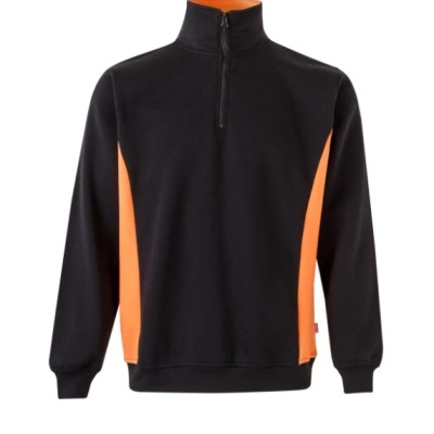 Camisola preta com detalhes laranja e fecho na gola