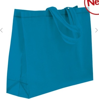 sacola reutilizável azul com alças largas sobre fundo branco e a palavra New em vermelho