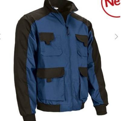 Casaco de trabalho bicolor azul e preto com bolsos e fecho