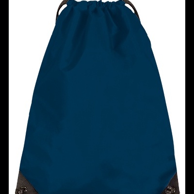 Mochila saco azul escuro com cordões pretos e cantos reforçados pretos