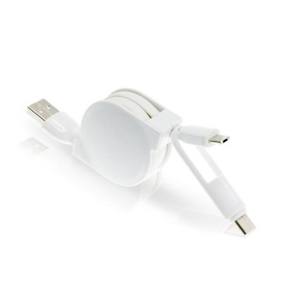 Cabo de carregamento retrátil branco com conetores USB e micro USB.