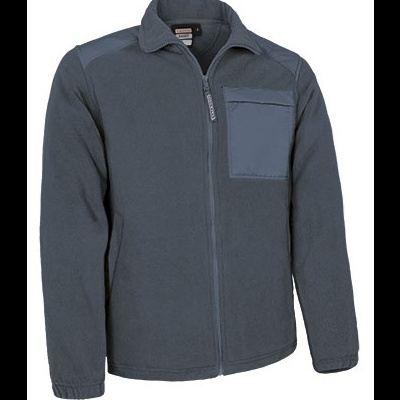 Casaco fleece cinza com bolso e fecho de correr e detalhes em azul-escuro