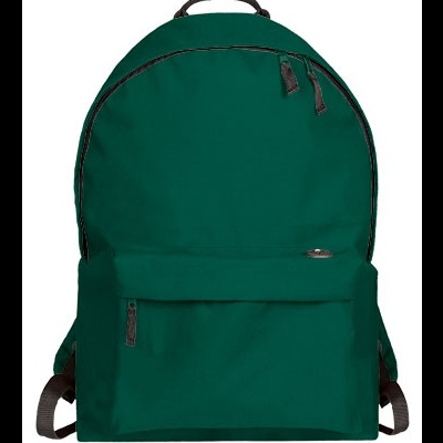 Mochila verde escura com bolso frontal e alças ajustáveis