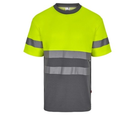 Camiseta alta visibilidade amarelo fluorescente e cinza com faixas reflexivas