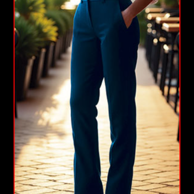 Calças compridas femininas azuis com bolsos, camisa branca e sapatos pretos de salto, em rua com plantas.