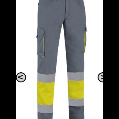 Calças de trabalho cinzentas com painéis reflectores amarelos e cinzentos