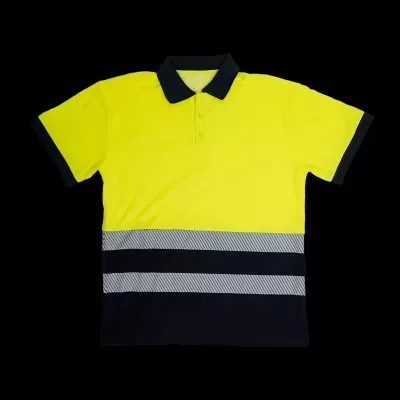Polo amarelo fluorescente com detalhes pretos e faixas horizontais cinzentas
