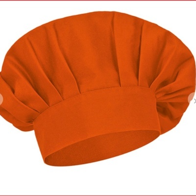 Chapéu de cozinheiro laranja com pregas e faixa larga.