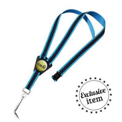 Cordão azul e preto para pendurar com texto Silky e selo Exclusive item