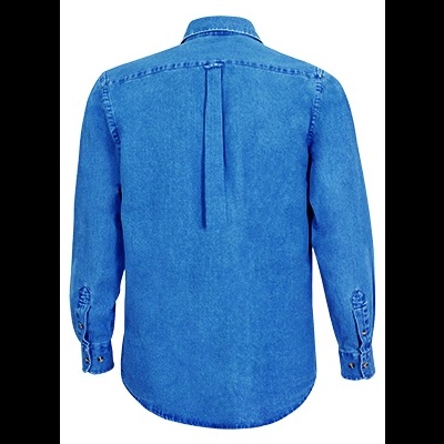 Camisa azul de ganga vista de trás com mangas compridas e punhos abotoados